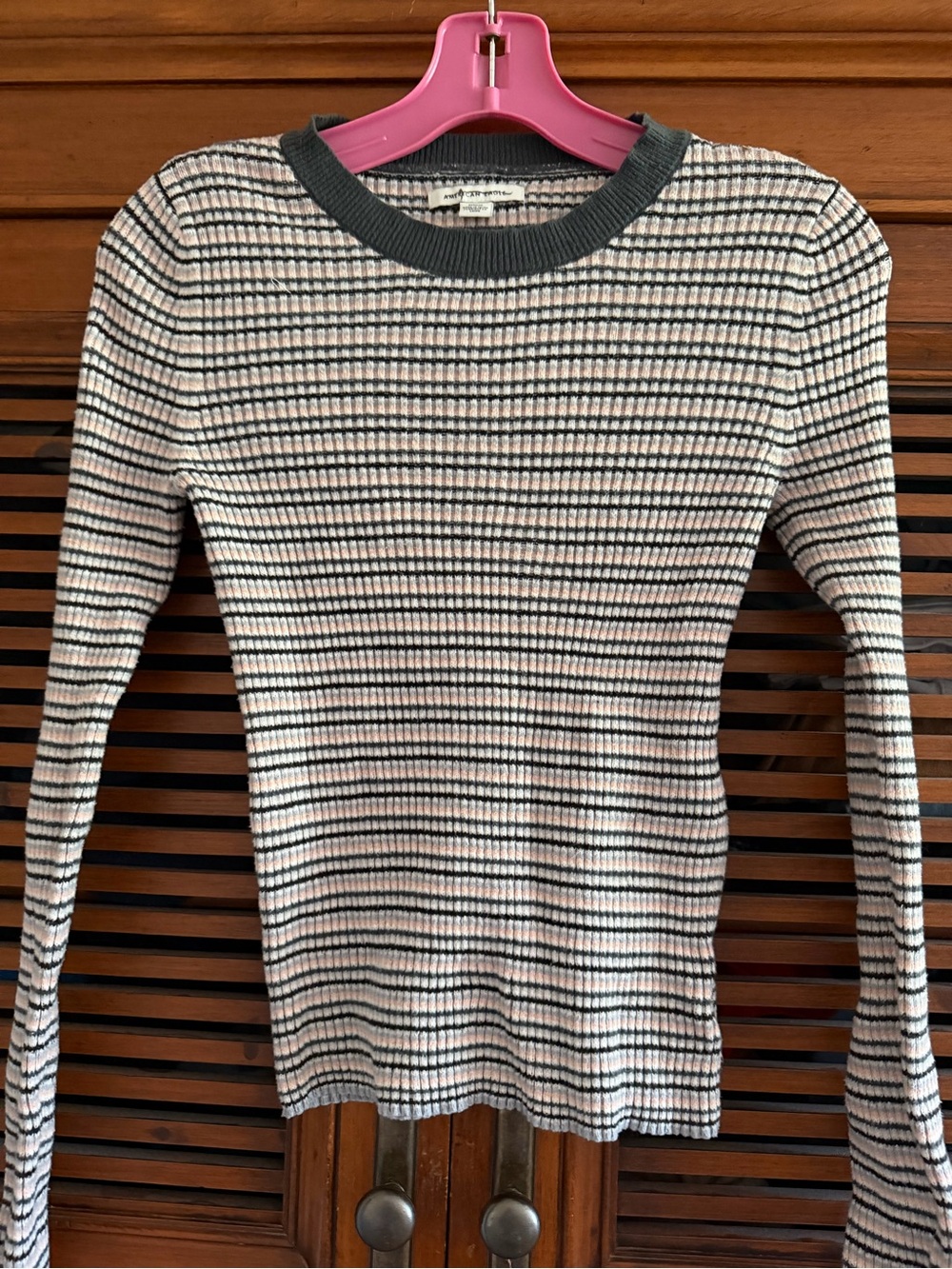 American Eagle Striped Ribbed Long-Sleeve Top - Gray & White